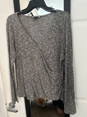 Rock & Republic Marled Gray Wrap-Front Long Sleeve Top